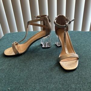 Adrienne Vittadini Gold and Tan Heels with Clear Block Heel